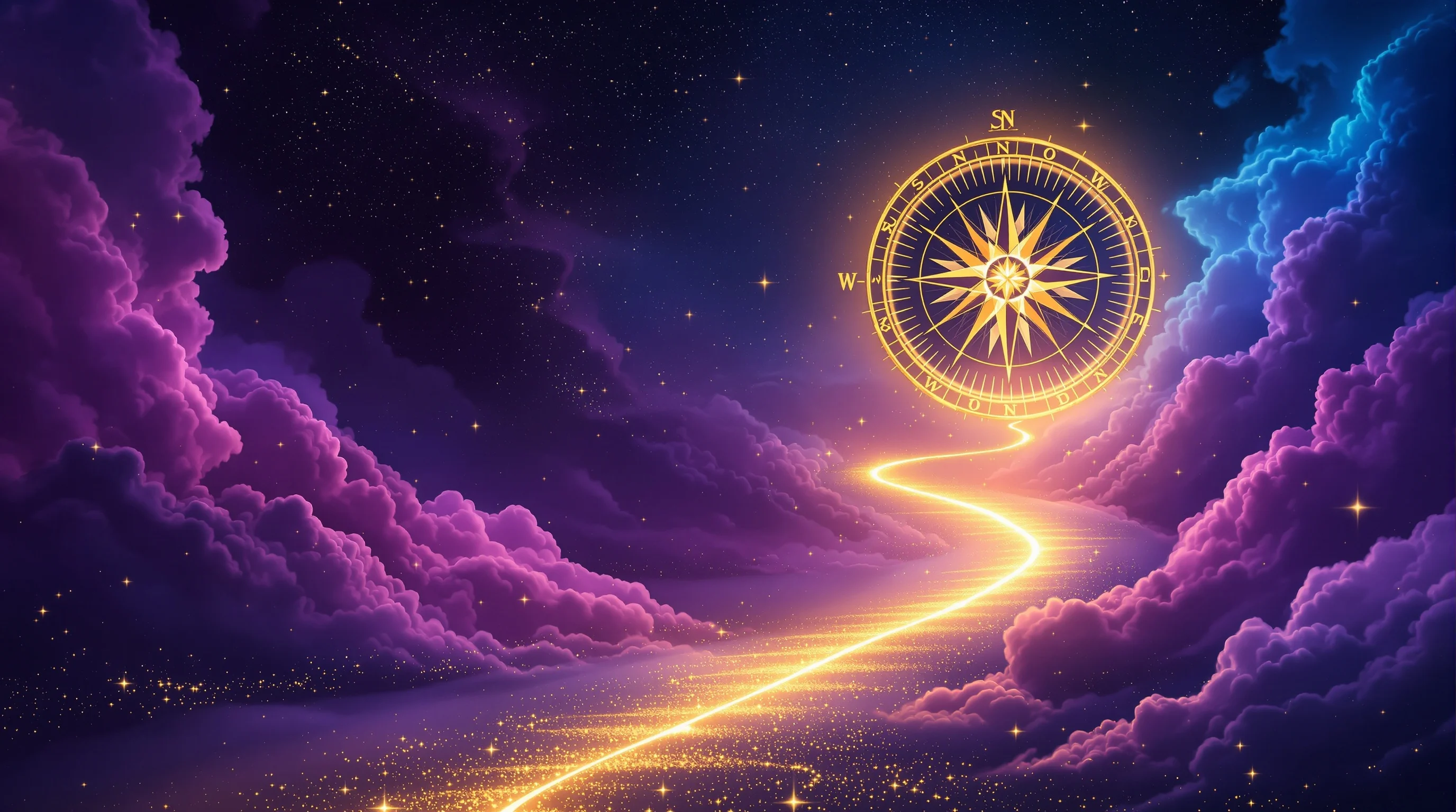 Golden compass on a cosmic path representing the journey of manifestation